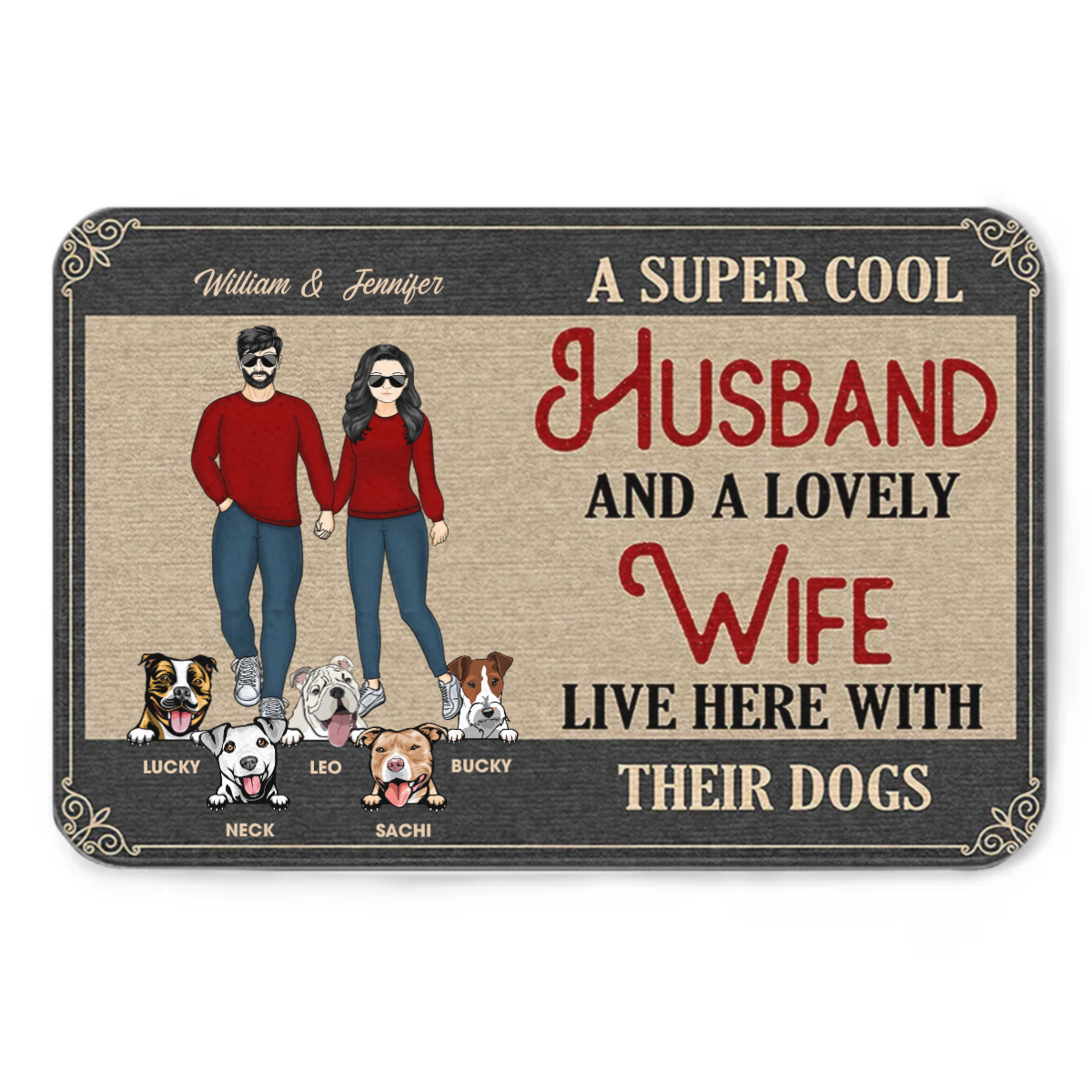 クールな夫と素敵な妻が犬と一緒に住んでいます - 愛犬家へのギフト - パーソナライズされたカスタムドアマット