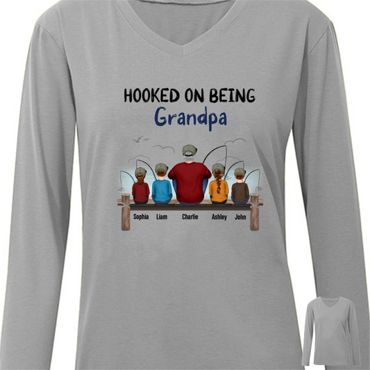 Hooked On Being Grandpa Fishing Personalized Long Sleeve Shirt