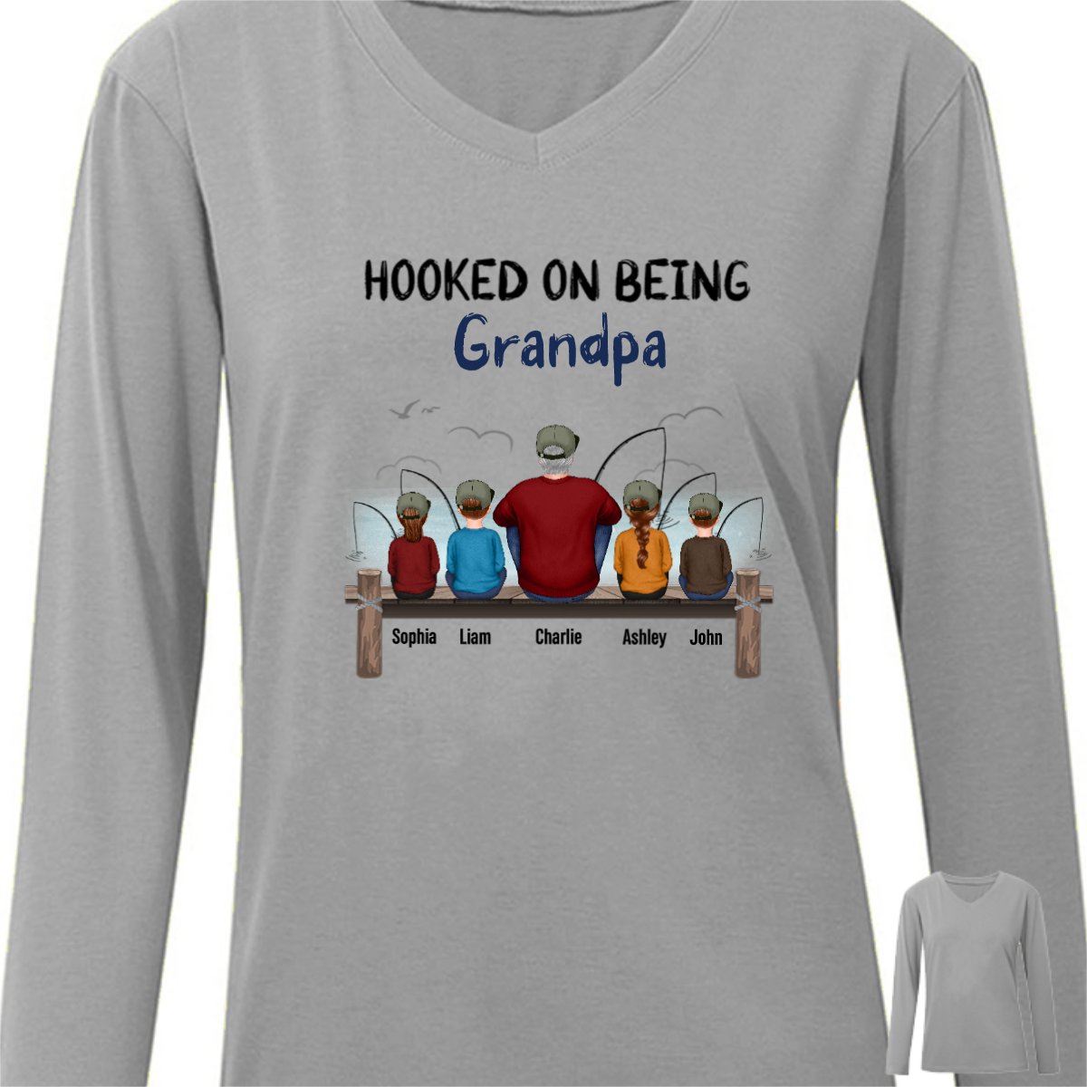 Hooked On Being Grandpa Fishing Personalized Long Sleeve Shirt
