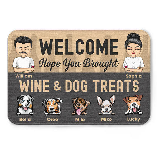 Chibi Couple Welcome Hope You Brought Wine And Dog Treats - Dog Lover Gift - Personalized Custom Doormat