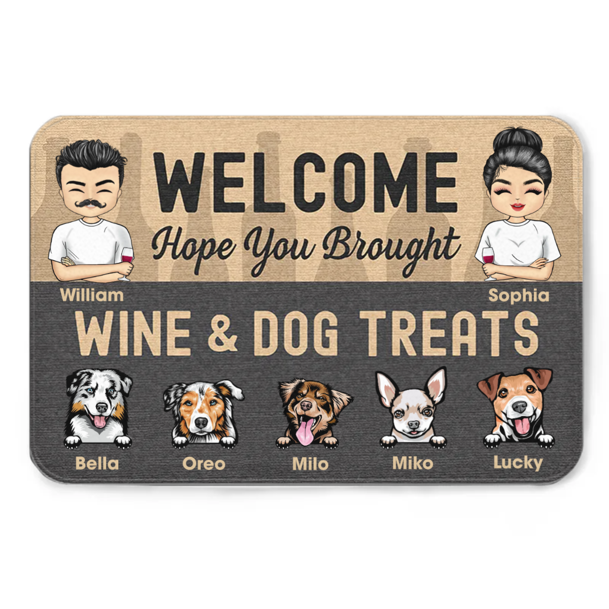 Chibi Couple Welcome Hope You Brought Wine And Dog Treats - 犬好きのギフト - パーソナライズされたカスタムドアマット