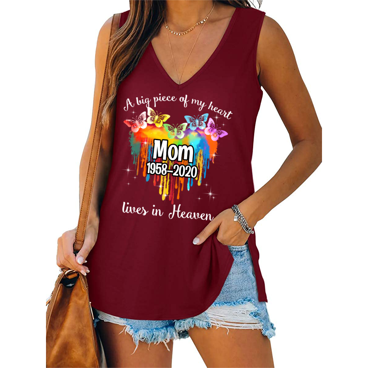 Colorful Butterfly Melting Heart Memorial Personalized Women Tank Top V Neck Casual Flowy Sleeveless