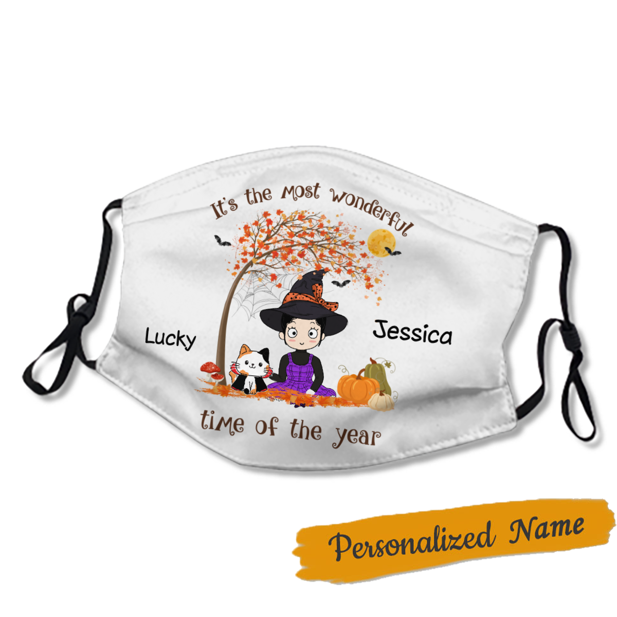 Most Wonderful Time Halloween Chibi Girl & Cats Personalized Name Face Mask