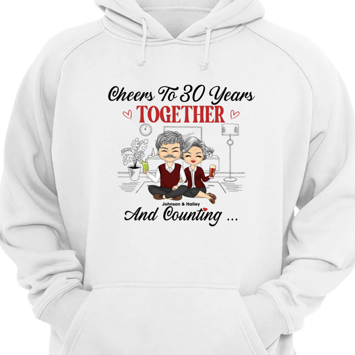 Chibi Couple Cheers To 30 Years Together And Counting Husband Wife - Couples Gift - Personalized Custom Hoodie Sweatshirt