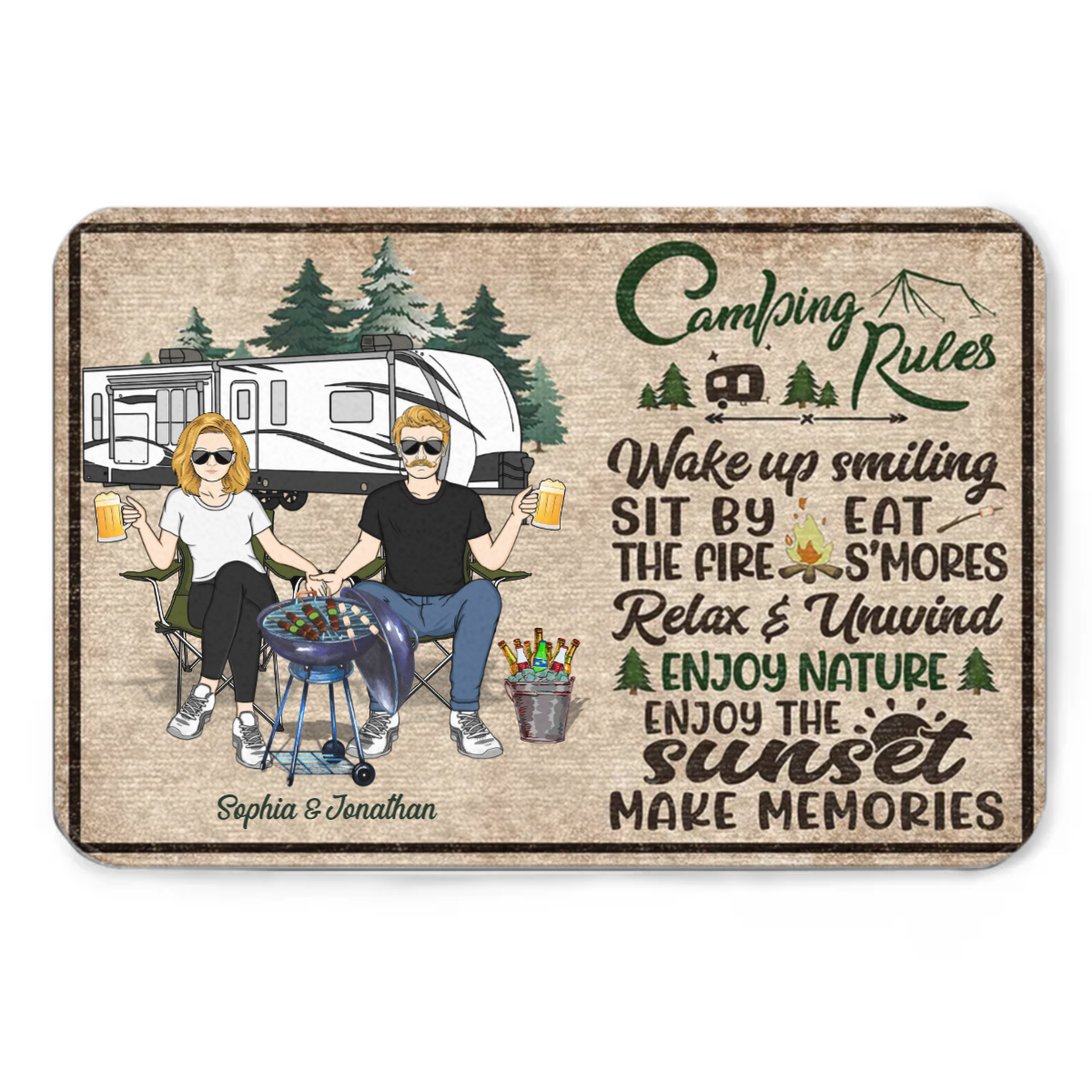 Camping Rules Wake Up Smiling Make Memories - Gift For Camping Couples - Personalized Custom Doormat