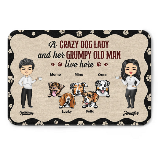 Chibi Couple Crazy Dog Lady & Her Grumpy Old Man - Dog Lover Gift - Personalized Custom Doormat