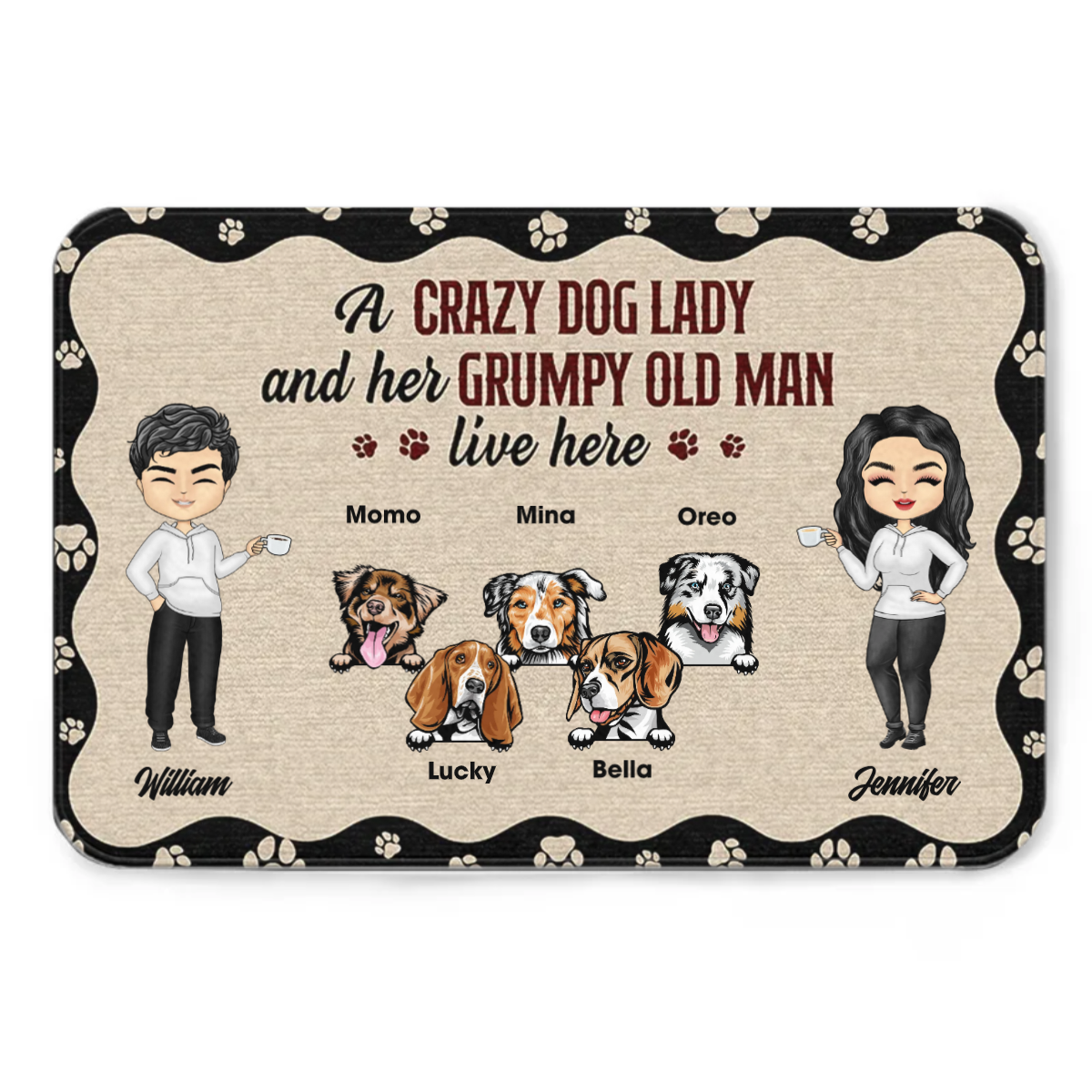 Chibi Couple Crazy Dog Lady & Her Grumpy Old Man - Dog Lover Gift - Personalized Custom Doormat
