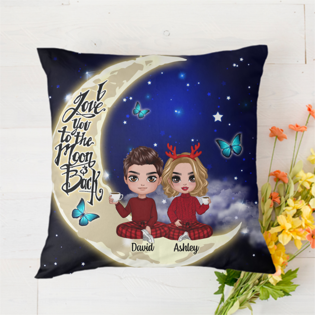 Doll Couple Sitting On Moon Personalized Polyester Linen Pillow