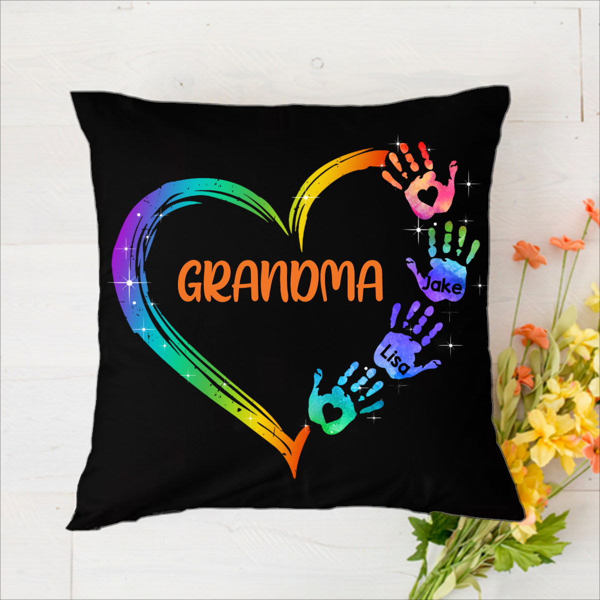 Grandma Mom Heart Hand Print Personalized Personalized Polyester Linen Pillow