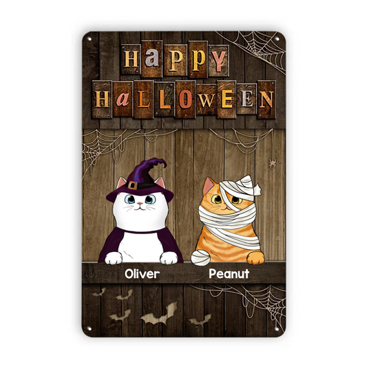 Happy Halloween Wooden Texture Fluffy Cat Personalized Metal Signs