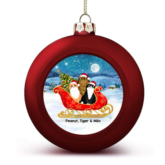 Cats On Sledge Christmas Personalized Ball Ornaments