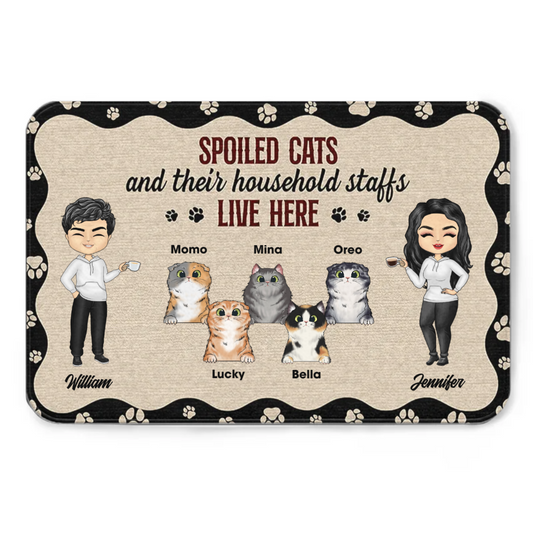 Chibi Couple And Spoiled Cats Live Here - Cat Lover Gift - Personalized Custom Doormat