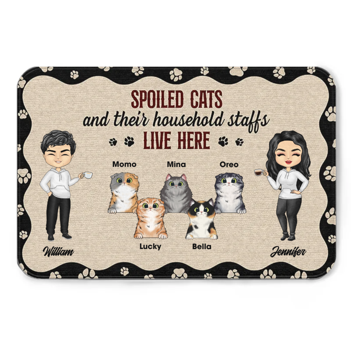 Chibi Couple And Spoiled Cats Live Here - Cat Lover Gift - Personalized Custom Doormat
