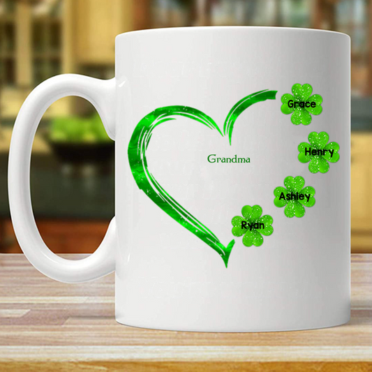 Grandma Shamrock Heart St. Patrick‘s Day Irish Personalized Mug (Double-sided Printing)