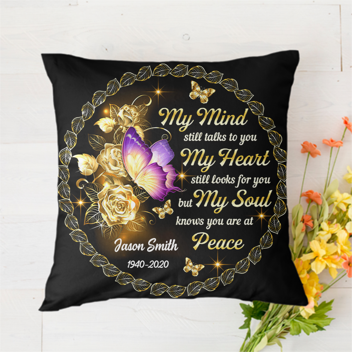 Yellow Roses Butterly Memorial Personalized Polyester Linen Pillow
