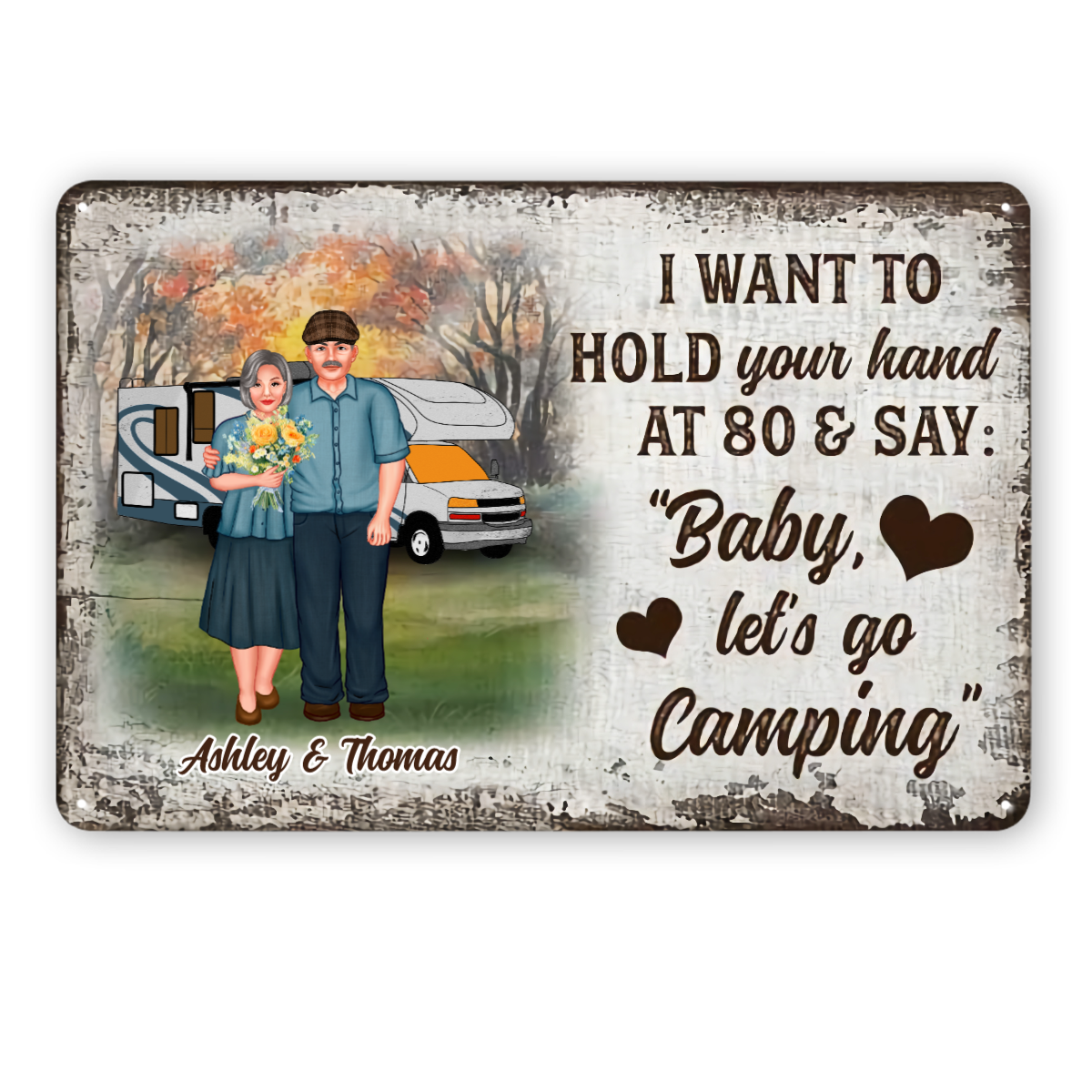 Old Couple Hold Hands Camping Valentine‘s Day Gift Personalized Classic Metal Signs