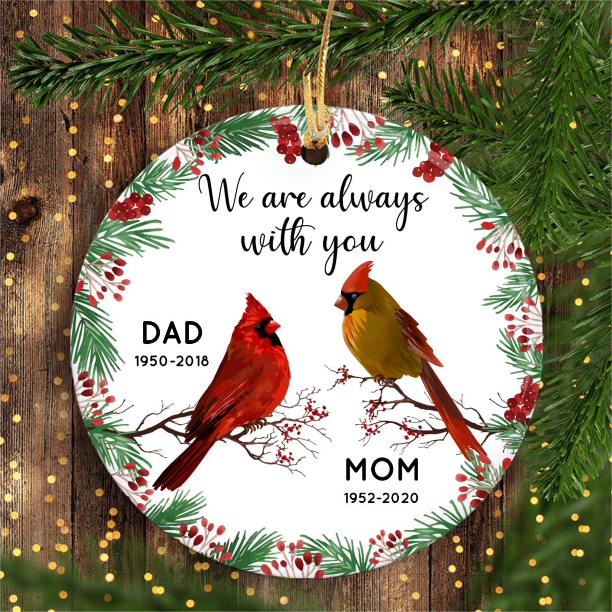 Always With You Holly Branch Christmas Personalized Memorial Circle Ornament