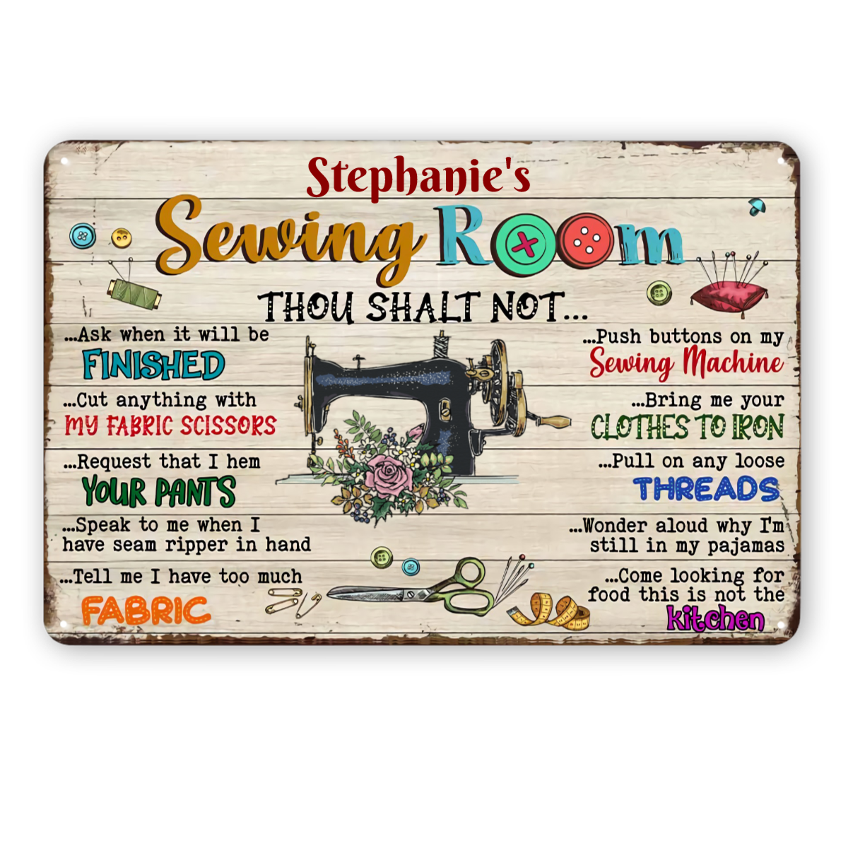 Personalized Name Sewing Room Rules Indoor Decor Metal Sign YeCustom