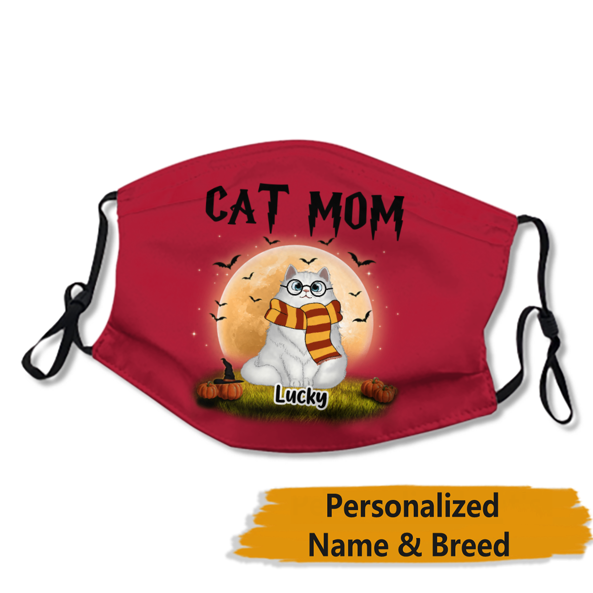 Halloween HP Cat Mom Fluffy Cat Personalized Name Face Mask