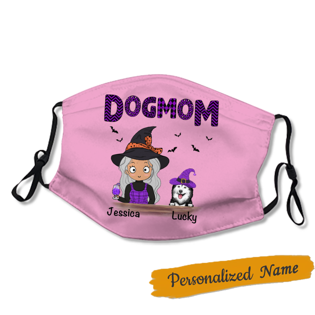 Halloween Dog Mom Chibi Witch Personalized Name Face Mask