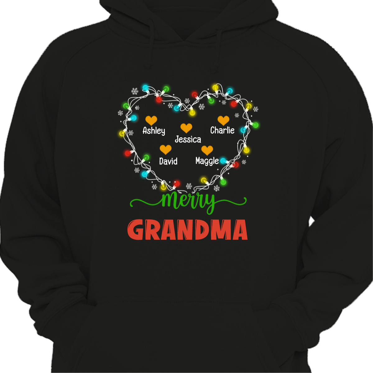 Merry Mom Grandma Christmas Light Heart Personalized Hoodie Sweatshirt