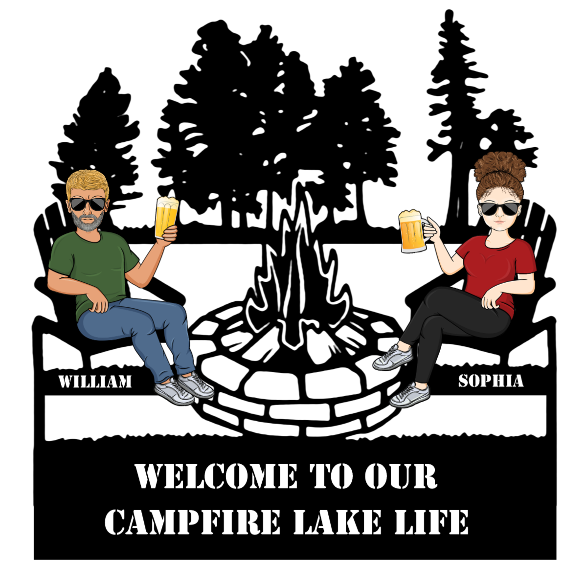 Campfire Lake Life パーソナライズ キャンプファイヤー カップル 夫 妻 メタルウォールアート