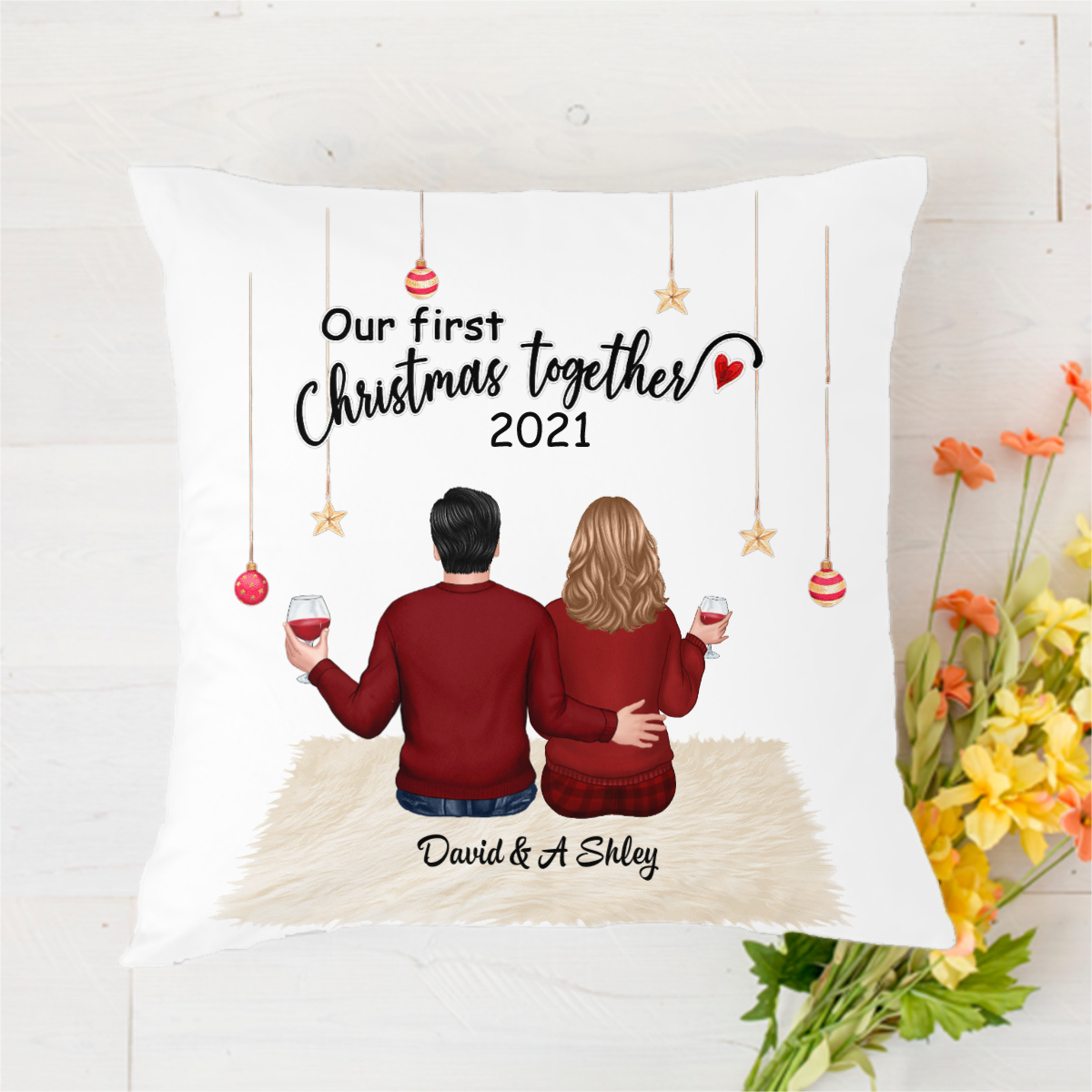 Couple Sitting Back View Christmas Gift Personalized Polyester Linen Pillow