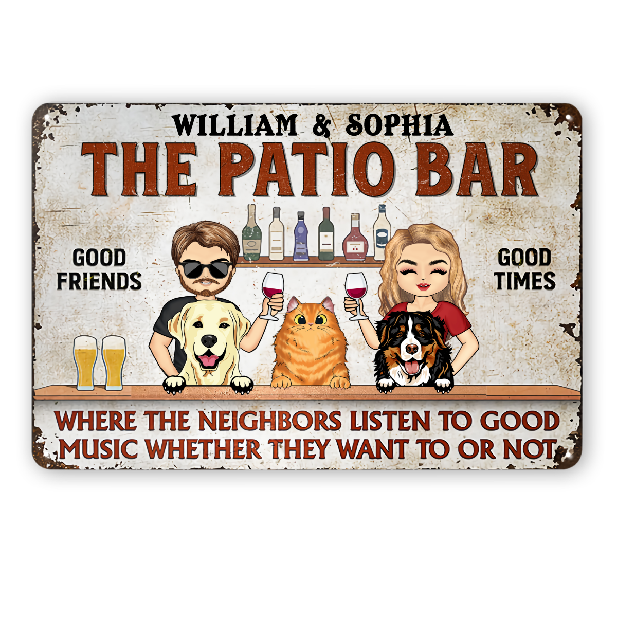 Where The Neighbors Listen To Good Music Chibi Couple Husband Wife Pet Lovers – Backyard Sign – パーソナライズされたカスタムクラシックメタルサイン