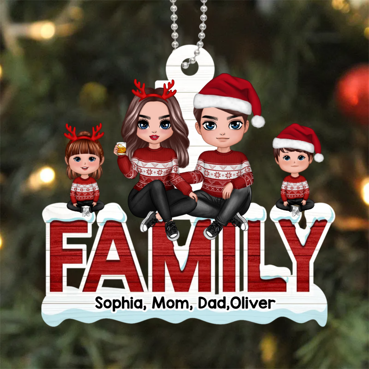 Doll Family Sitting On Word Personalized Metal Ornament