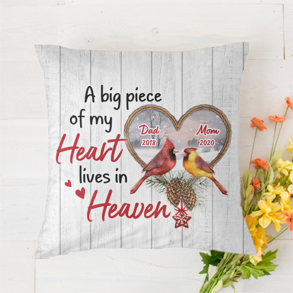 Cardinals Rope Wreath Memorial Personalized Polyester Linen Pillow
