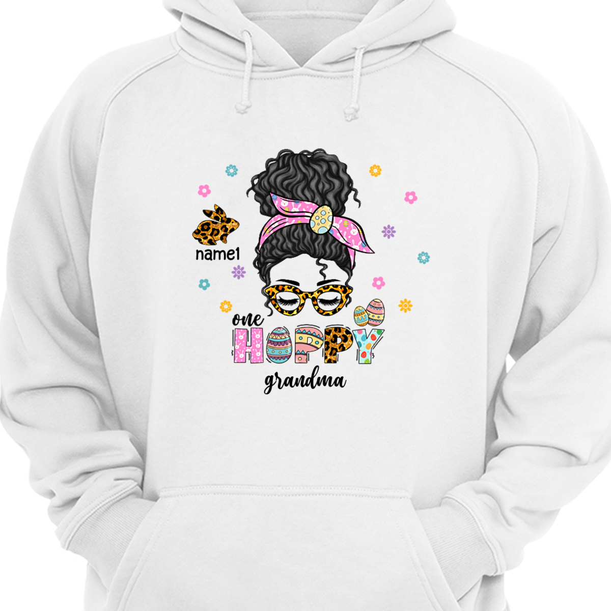 Easter One Hoppy Grandma Mom Messy Bun Hoodie Sweatshirt