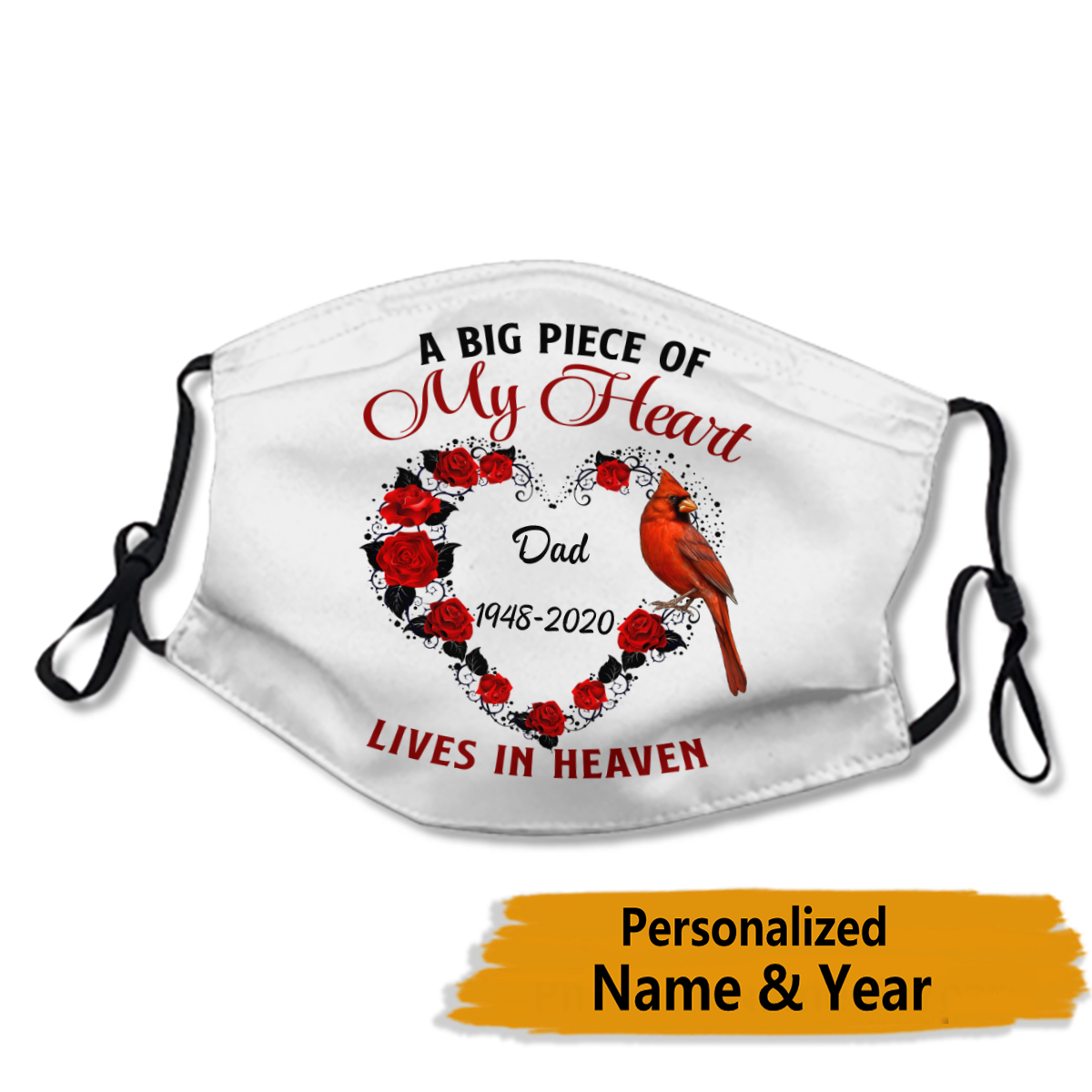 Rose And Cardinal Memorial Personalized Name & Date Face Mask
