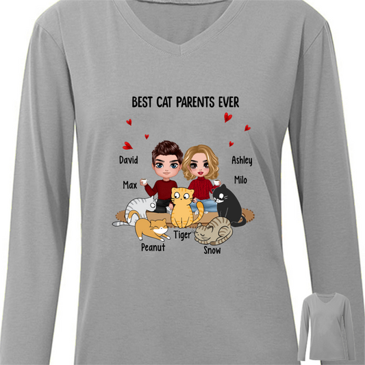 Best Cat Mom Cat Dad Doll Couple & Cats Personalized Long Sleeve Shirt