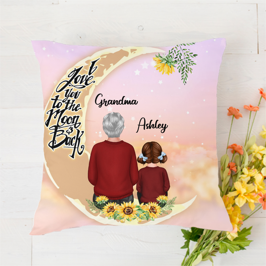 Grandma Grandkids On Moon Sunflower Personalized Polyester Linen Pillow