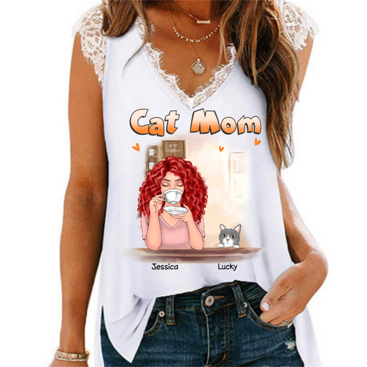 Cat Mama Personalized Women Tank Top V Neck Lace