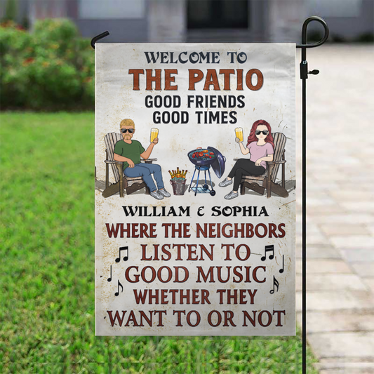 Patio Grilling Listen To The Good Music Couple Husband Wife Vertical - Personalized Graden & House Flag