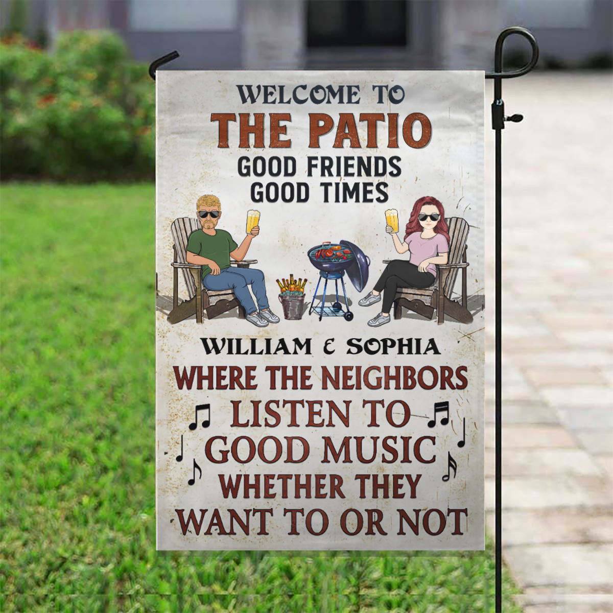 Patio Grilling Listen To The Good Music Couple Husband Wife Vertical - Personalized Graden & House Flag