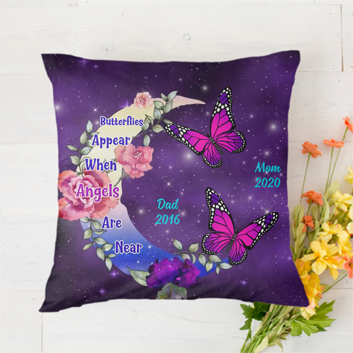 Butterflies Appear Angels Memorial Moon Flower Personalized Polyester Linen Pillow