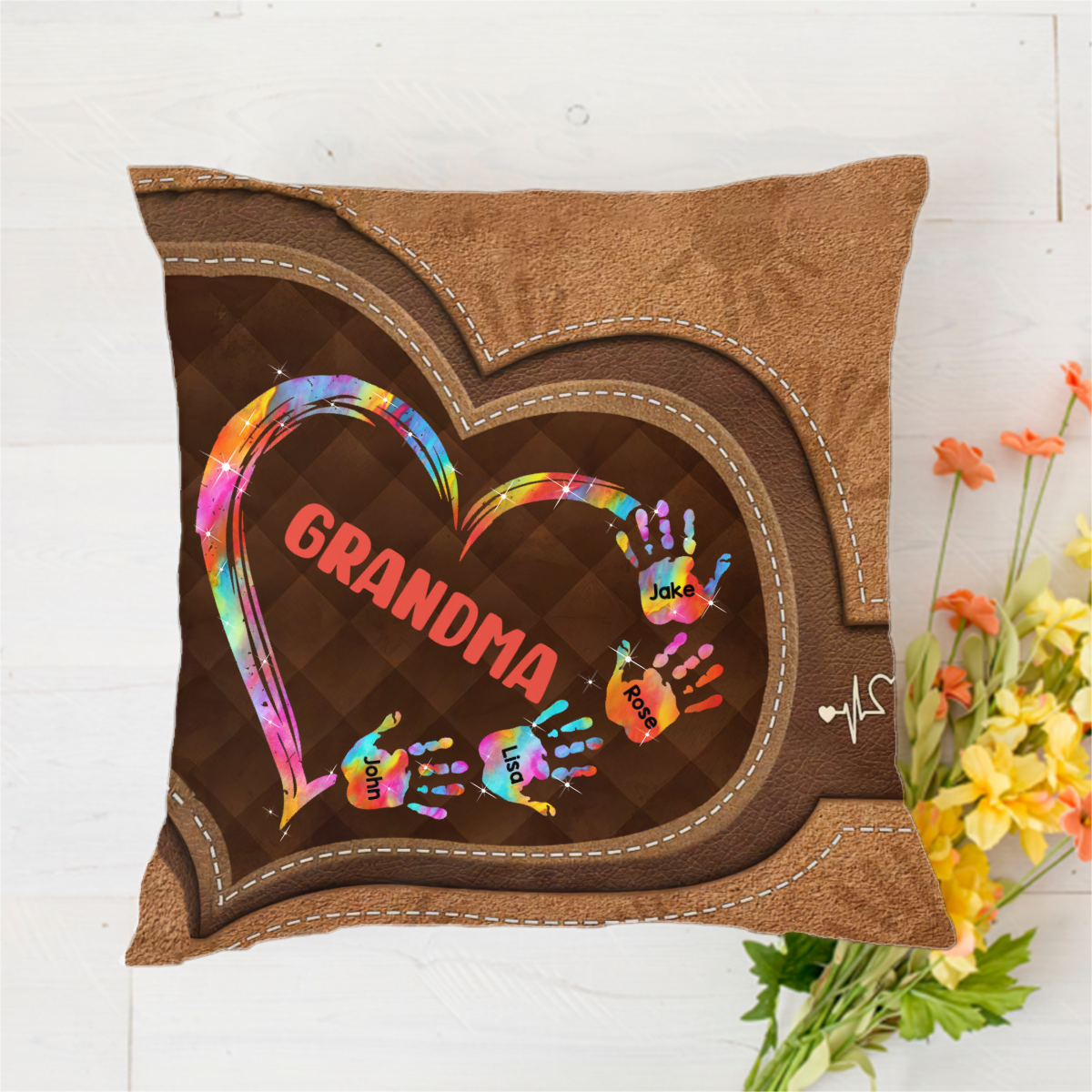 Mom Grandma Colorful Heart Hand Print Personalized Polyester Linen Pillow