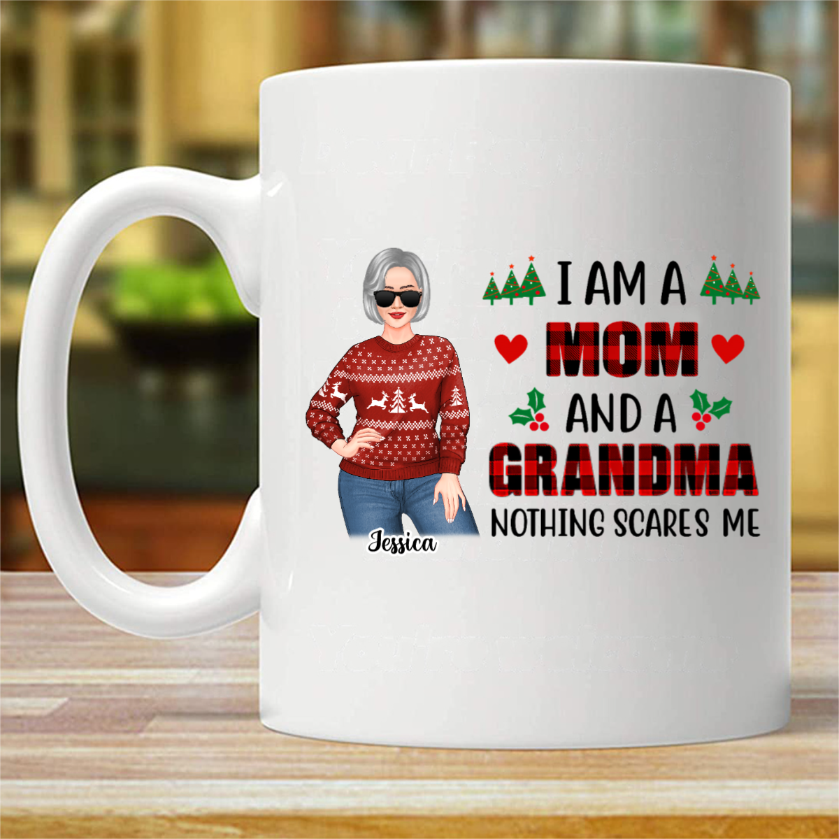Posing Grandma Nothing Scares Me クリスマス 名入れマグカップ (両面印刷)