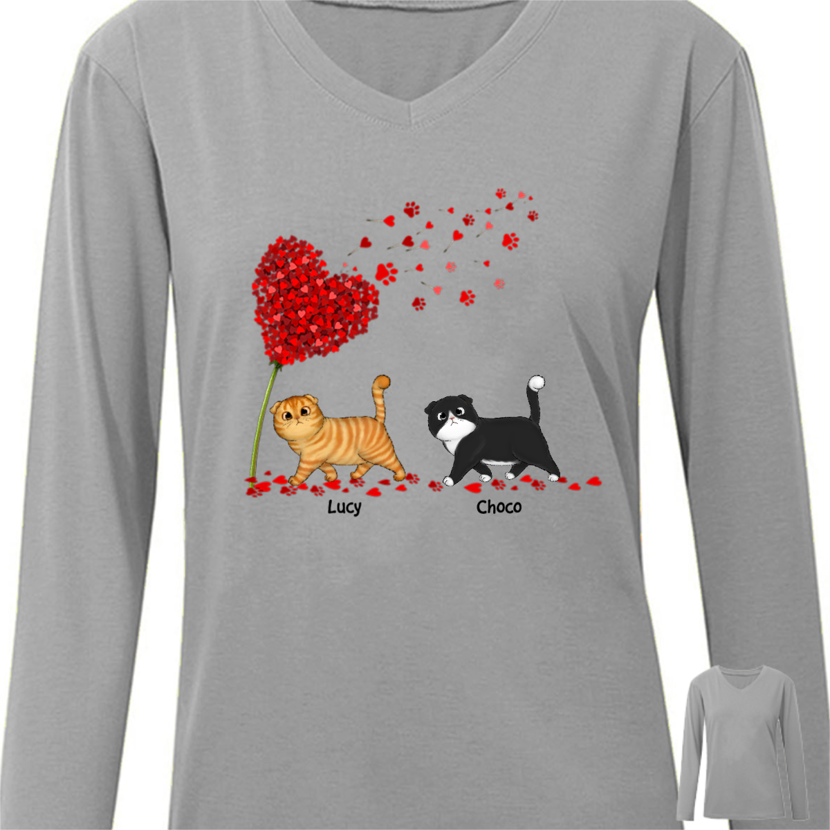 Flying Heart Fluffy Cat Walking Valentine‘s Day Gift For Cat Lovers Personalized Long Sleeve Shirt