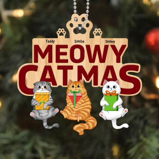 Meowy Catmas Fluffy Cat Personalized Christmas Metal Ornament