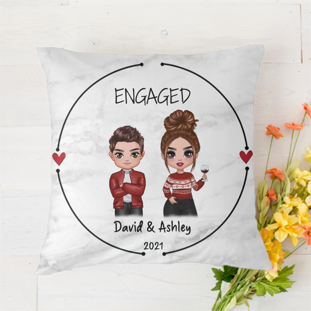 Engaged Married Doll Couple Wedding Anniversary Personalized Polyester Linen Pillow