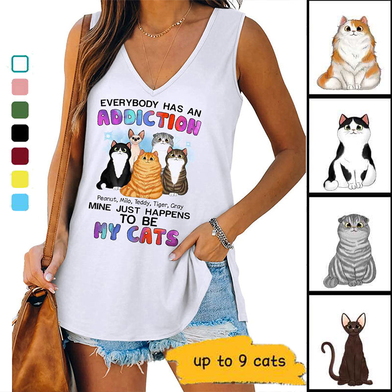 My Addiction Fluffy Cats Personalized Women Tank Top V Neck Casual Flowy Sleeveless