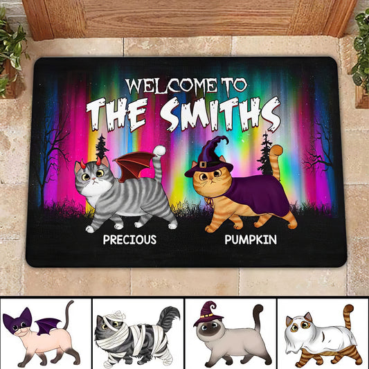 Northern Lights Walking Cats Halloween Personalized Doormat