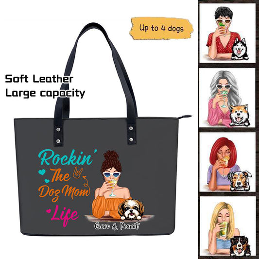 Rockin' Dog Mom Life カラフルなパターン パーソナライズされたソフトレザー ショルダーバッグ