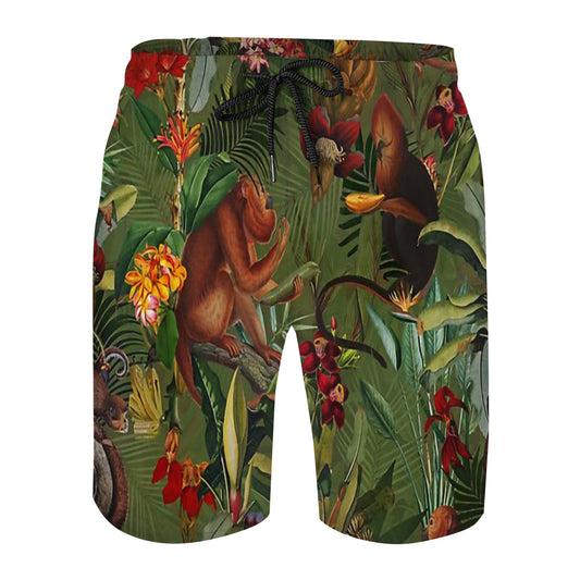 Tropical Monkey Jungle Pattern - Dark Green Graphic Men's Swim Trunks No.7XHZRY