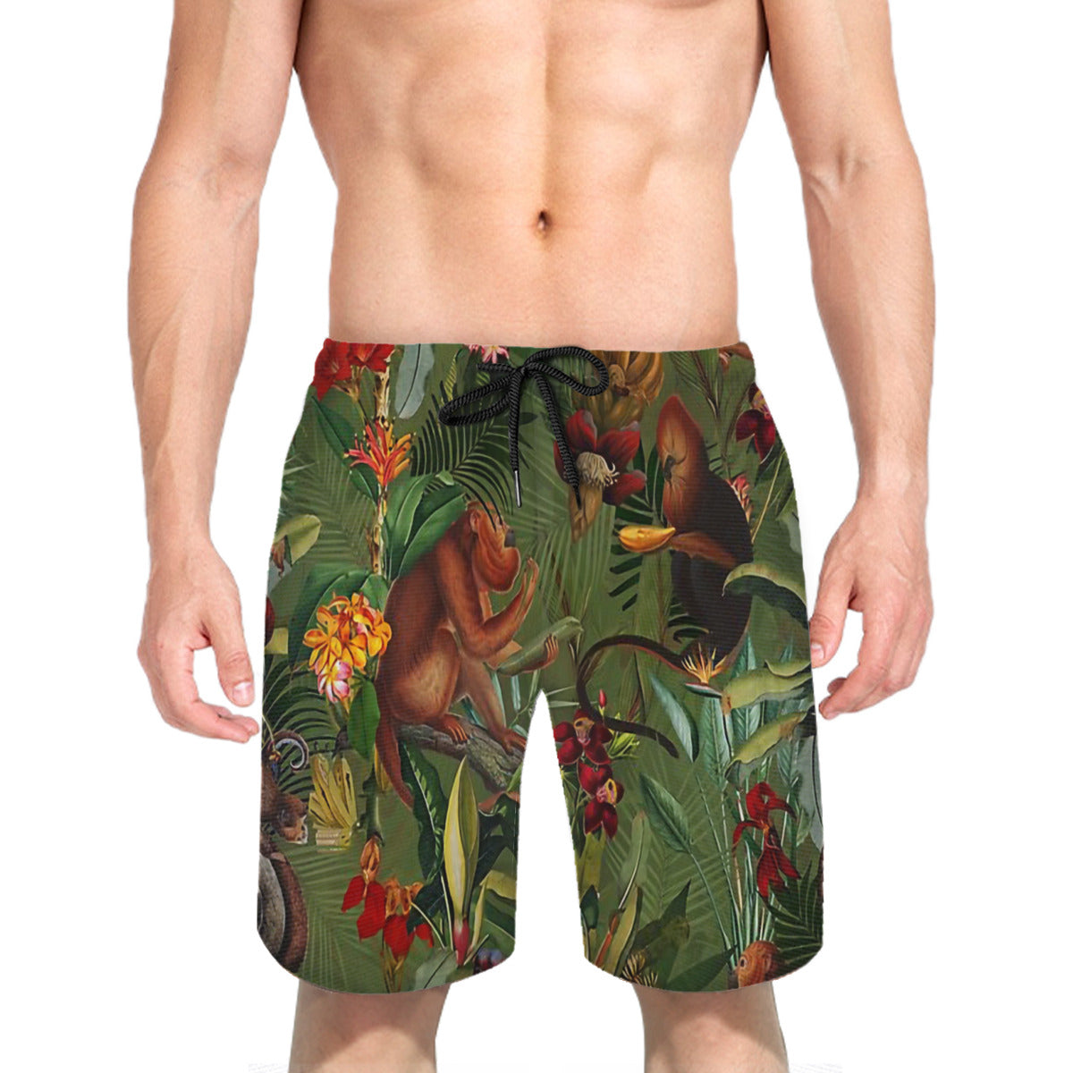 Tropical Monkey Jungle Pattern - Dark Green Graphic Men's Swim Trunks No.7XHZRY