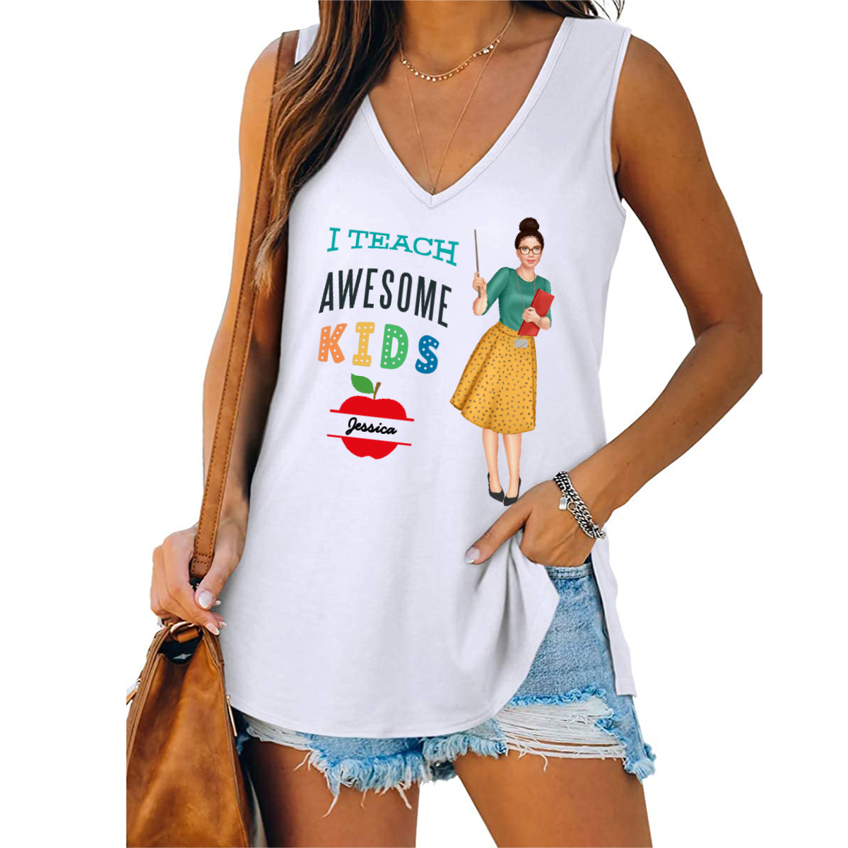 I Teach Awesome Kids Miss School Teacher Personalized Women Tank Top V Neck Casual Flowy Sleeveless