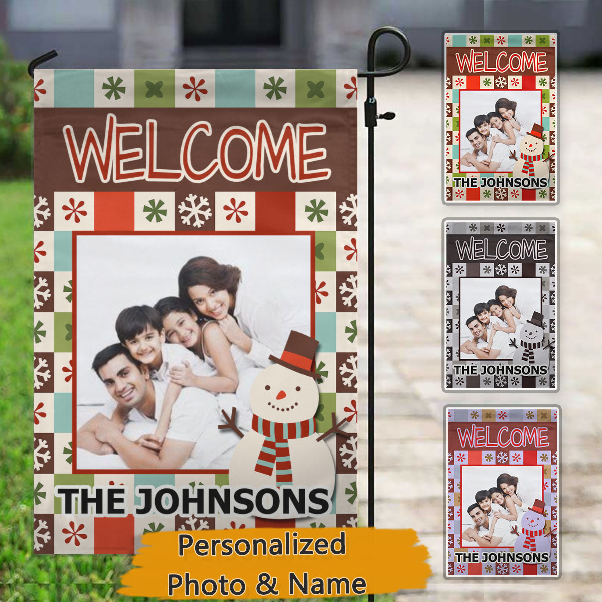 Snowy Welcome – Personalized Photo & Family Name Garden & House Flag